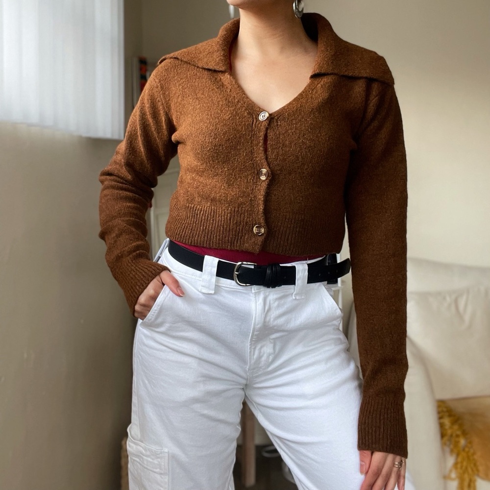 Commense Womens Size Medium Shall Collar Brown Cropped Cardigan